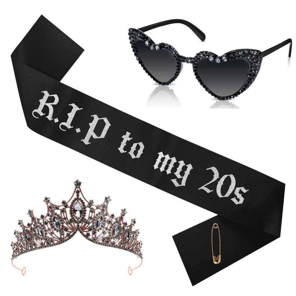 Rip To My 20s Sash And Crown with Sunglasses Set Black Birthday Sash Bronze Gold Crown Birthday Party Accessories for Women 30th Birthdays Glitter Party Favors (Sash&Crown&Sunglasses)