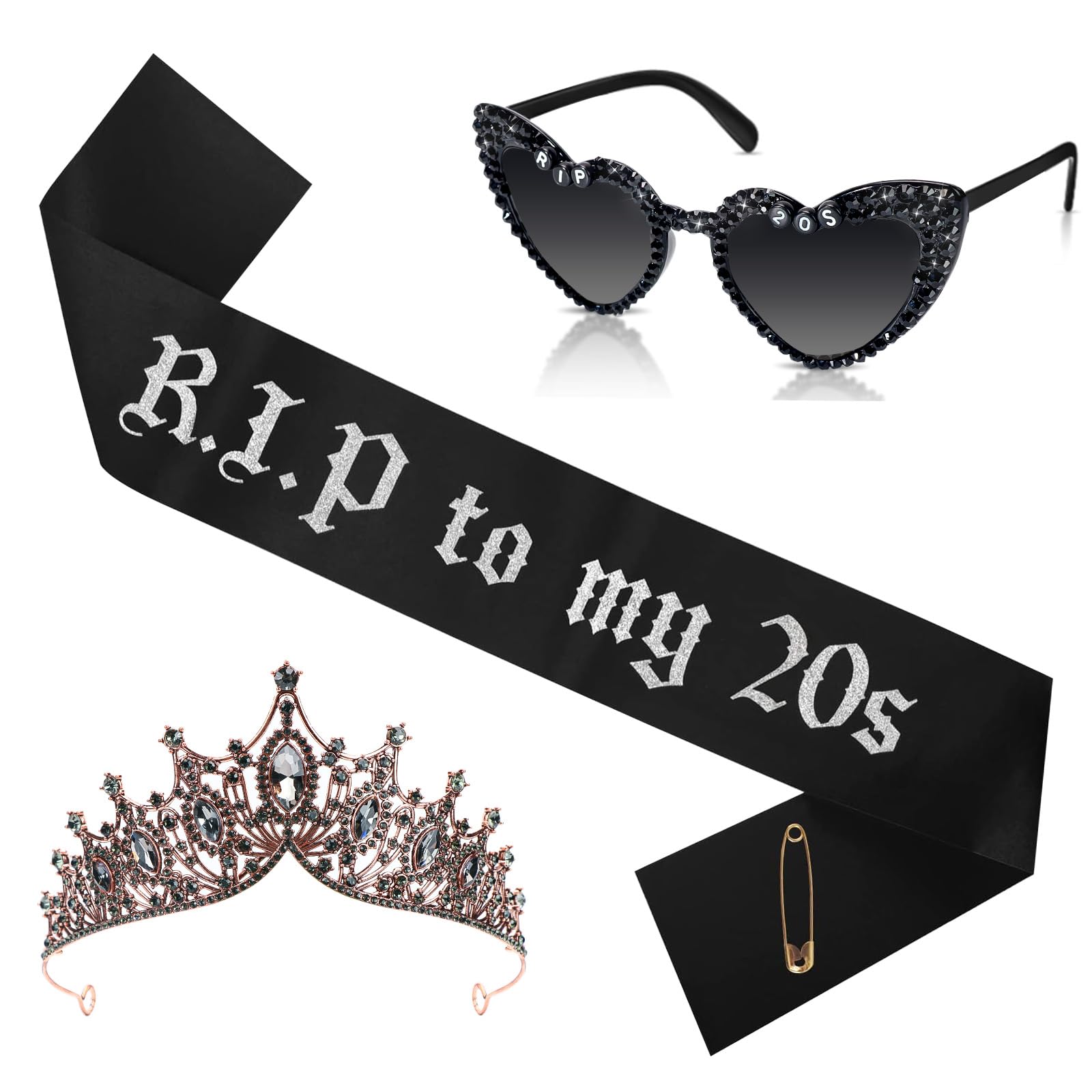 Rip To My 20s Sash And Crown with Sunglasses Set Black Birthday Sash Bronze Gold Crown Birthday Party Accessories for Women 30th Birthdays Glitter Party Favors (Sash&Crown&Sunglasses)
