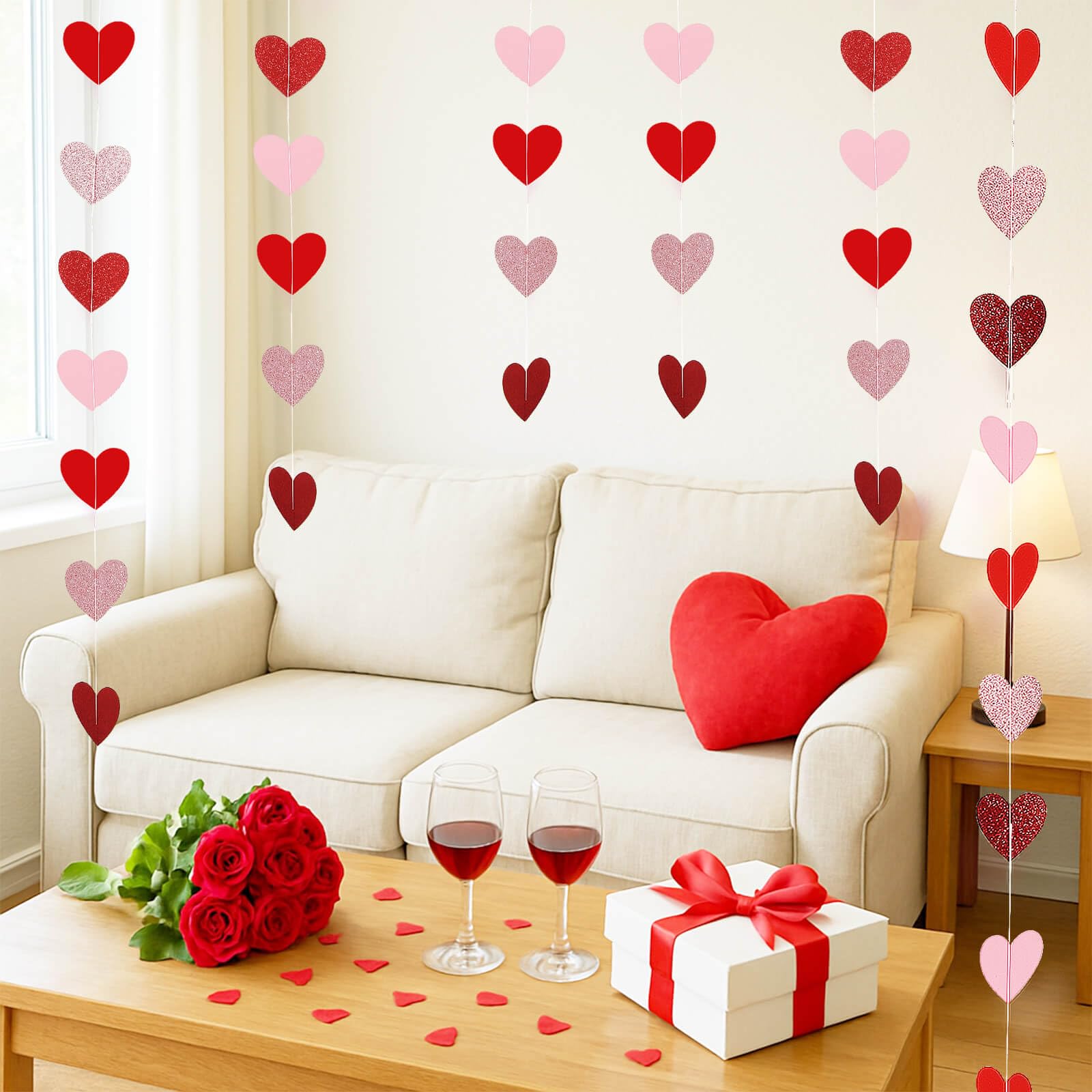 Heart Garland Banner Valentines Decorations- Valentines Galentines Day, Pink Rose Gold Burgundy Red Party Hanging Décor- 52ft Pre-Strung Paper Hearts Garland Streamers for Bridal Shower Party, NO DIY