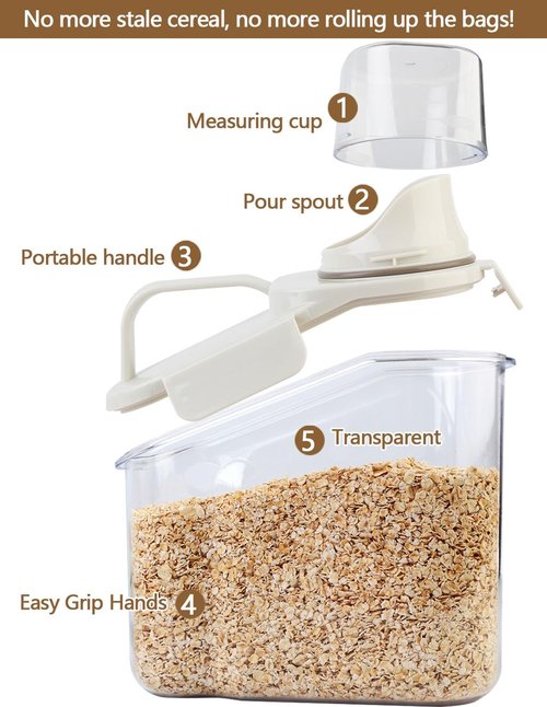 Besmall Small Cereal Containers Storage with Pour Spout and Measuring Cup Food Storage Containers Airtight Plastic Dry Food Dispenser for Flour, Grain, Rice, White, 1.6L / 54oz (4pcs)