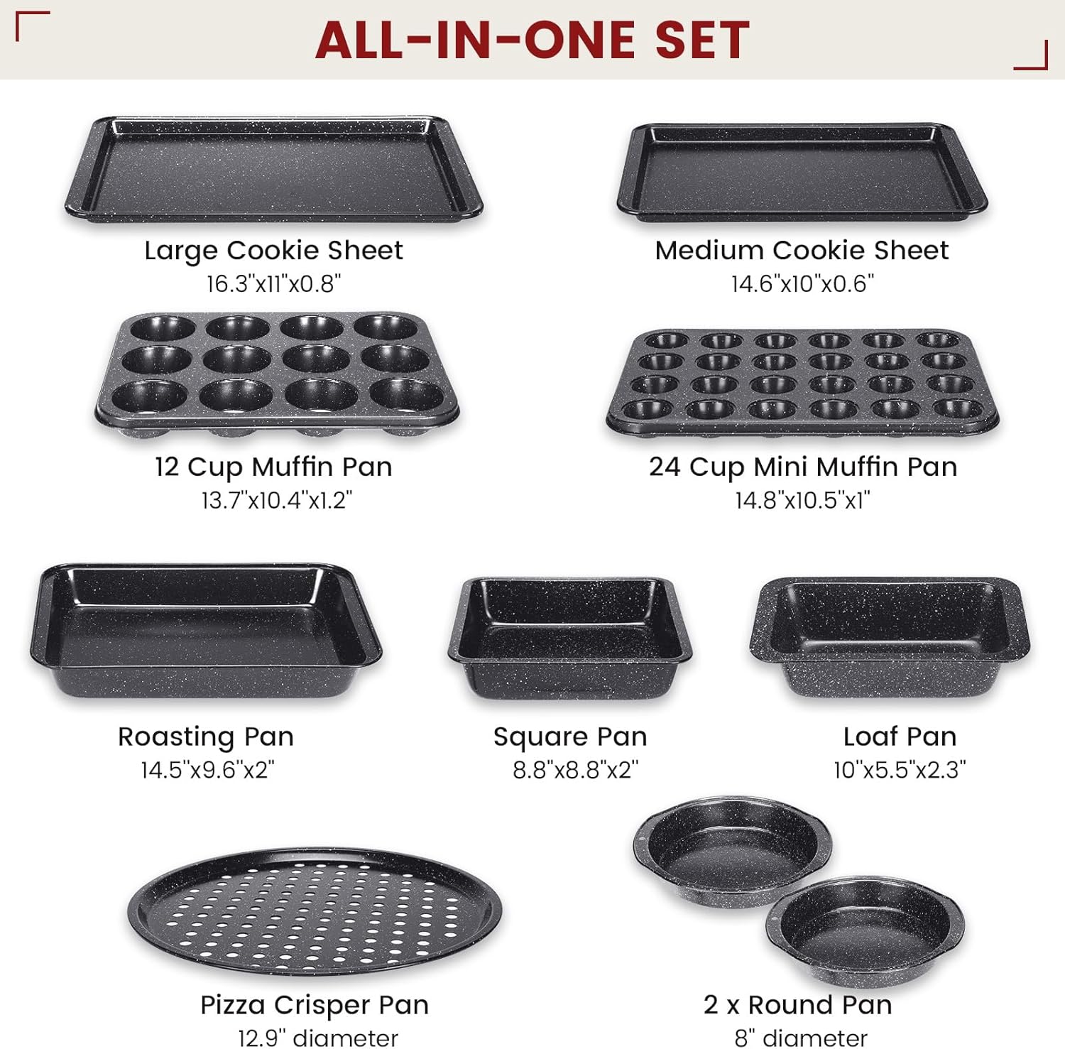 Terlulu 10-Piece Nonstick Baking Pans Set - Stackable Carbon Steel Bakeware for Oven Cooking | Black