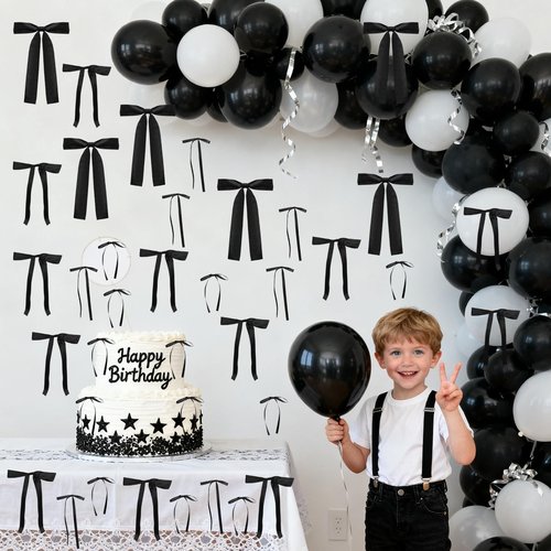 GZIXBDA 48Pcs Black Bow Wall Decor, Satin Ribbon Bow Birthday Decorations Photo Backdrop Party Decor for Birthday Baby Shower Bachelorette Wedding Party Room Bedroom