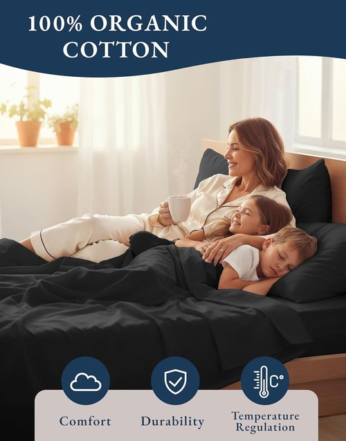 Lane Linen 100% Organic Cotton Queen Sheet Set - Naturally Cooling Percale Weave, Deep Pocket - Black