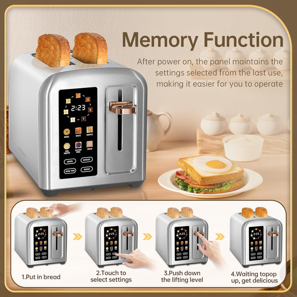 SEEDEEM 2-Slice Toaster - Full Touch Control, LCD Display, 50% Faster Heating, 7 Shade Settings, Silver Metallic
