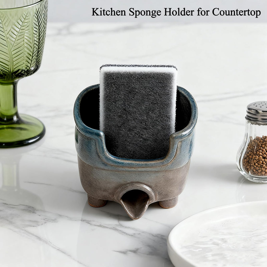 wowhalolo Ceramic Sponge Holder with Drainage, Farmhouse Sink Caddy Organizer, Self Draining Design for Sponges,Soap,Brushes, Compact Rustic Kitchen Accessory, Keeps Counter Dry（Country Blue）