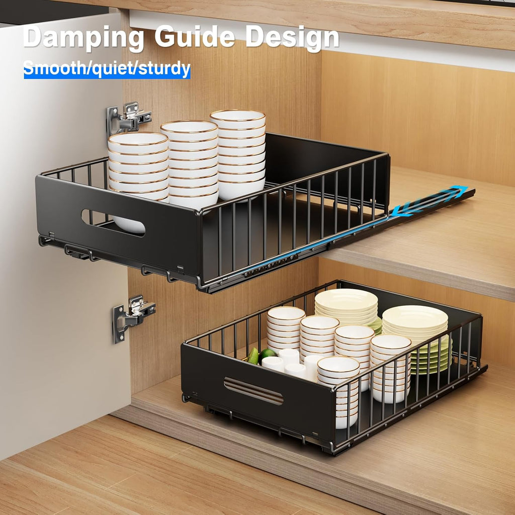 Mustorn Pull Out Cabinet Organizer - Heavy Duty Slide Out Drawers for Kitchen & Bathroom | 16.5"D x 11.8"W x 3.94"H - Black