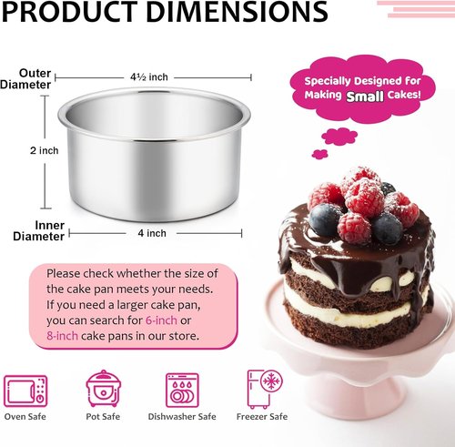 E-far Mini Round Cake Pans Set of 4 - Stainless Steel, Non-Toxic, Dishwasher Safe, 4 Inch