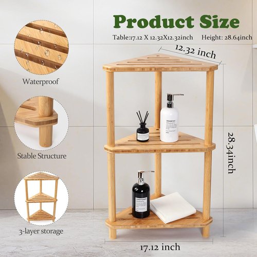 Bamboo Corner Shower Caddy Stand - 3-Tier Waterproof Bathroom Organizer | Space-Saving Design with Anti-Slip Feet