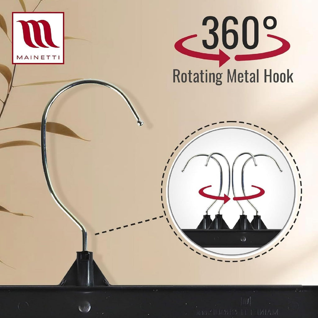 Mainetti Black Plastic Clothes Hangers - 100 Pack | 12-Inch Space-Saving Design with 360° Swivel Hook & Non-Slip Clips | Perfect for Pants, Skirts, and Shorts