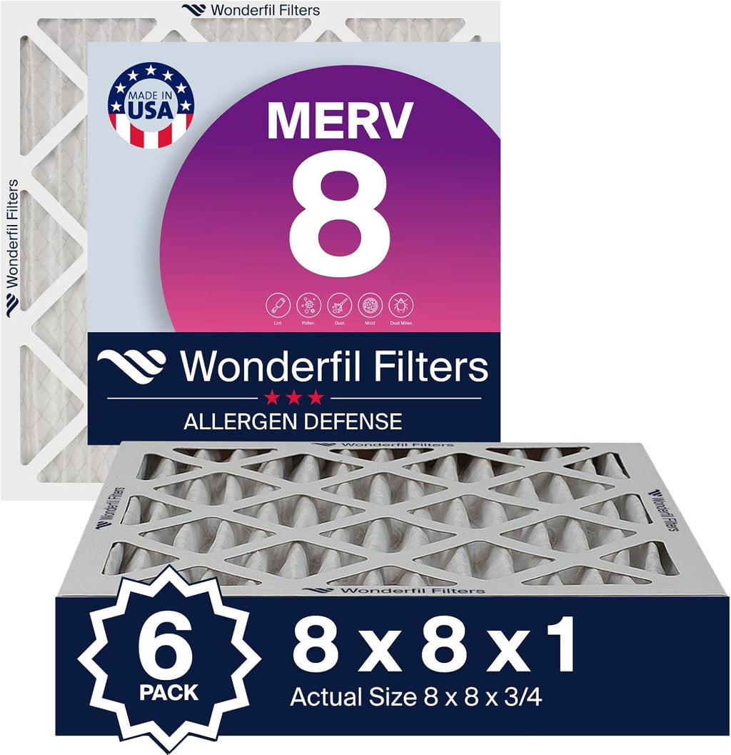 Wonderfil Filters 8x8x1 MERV 8 Pleated HVAC Filters - 6 Pack | Ideal for AC & Furnace Systems