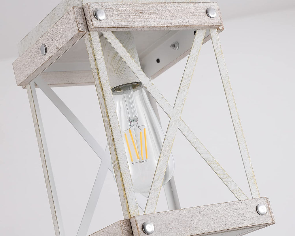 Fivess Lighting Modern Farmhouse Antique White Distressed Pendant Light with Wood and Metal Cage, One-Light Adjustable Chains Rustic Mini Pendant Lighting Fixture for Kitchen Island Cafe Bar