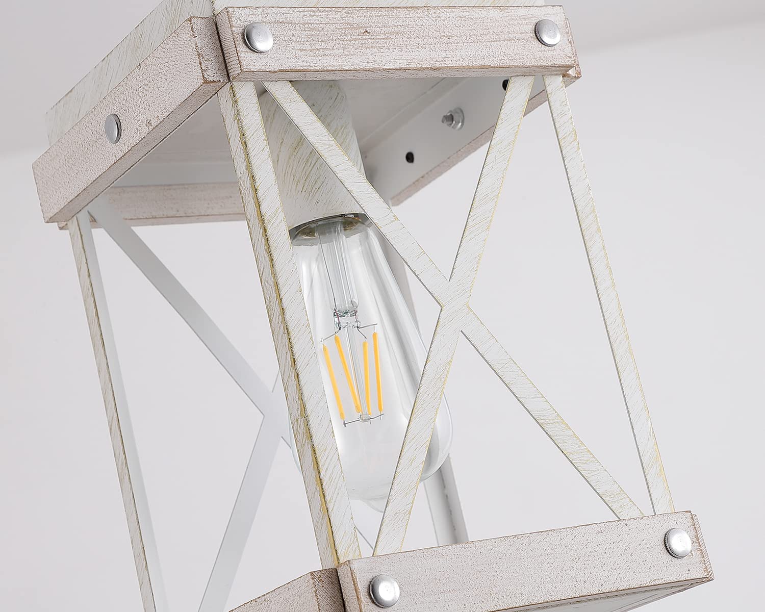 Fivess Lighting Modern Farmhouse Antique White Distressed Pendant Light with Wood and Metal Cage, One-Light Adjustable Chains Rustic Mini Pendant Lighting Fixture for Kitchen Island Cafe Bar