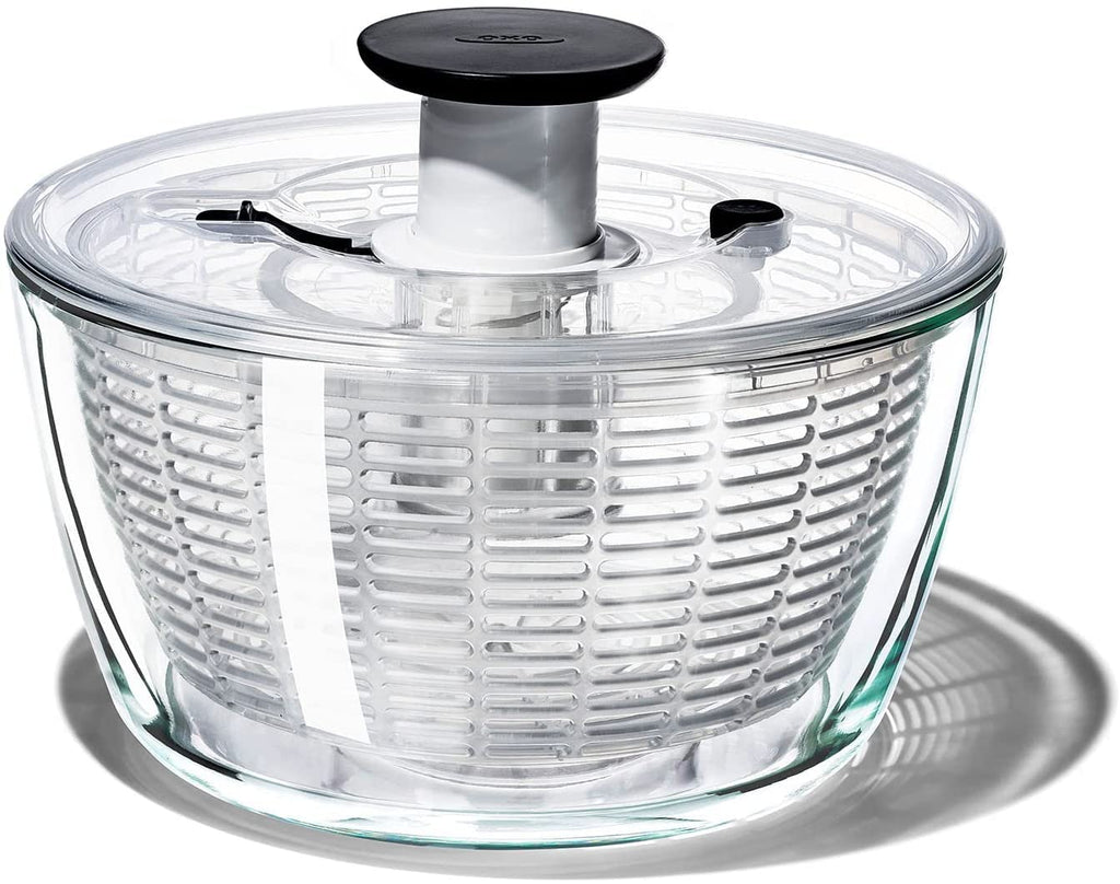 OXO Good Grips Glass Salad Spinner, Large/6.22 Quart, Clear & Good Grips Little Salad Dressing Shaker - Black