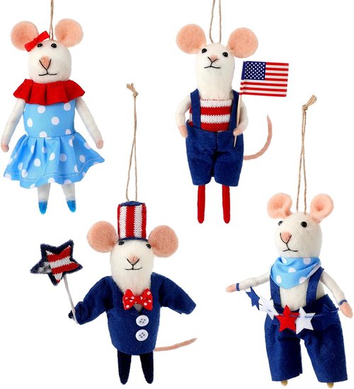 Hahafelt 4 Pcs 4th of July Felt Mice Ornaments - Cute Handmade Patriotic Wool Mice Set | 3.94 Inch