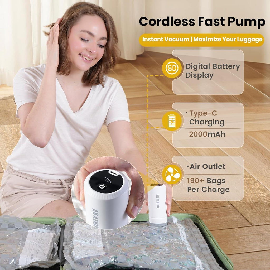 Skiennix Vacuum Bags for Travel - 15 PCS Combo with Rechargeable Digital Display Pump | Space Saver for Luggage and Clothes