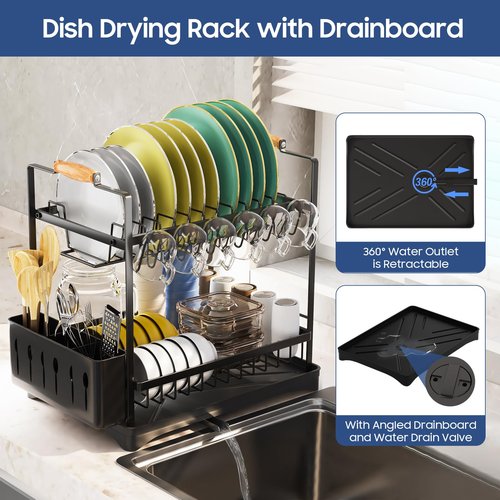 PXYHMUS 2-Tier Large Dish Drying Rack for Kitchen Counter with Drainboard and Cutlery Holder, 2 Tier Dish Drying Rack, Black,16.54" D x 11.81" W x 17.71" H