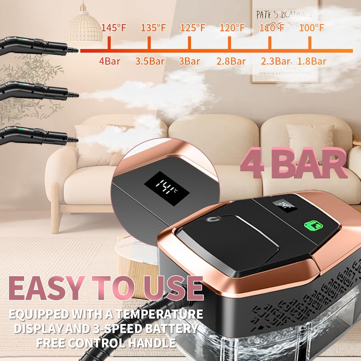 Skiennix Steam Cleaner - 3-Level Adjustable Steamer with Temp Display & 1.8L Tank | Fast Heat in 15s for Home & Car Cleaning