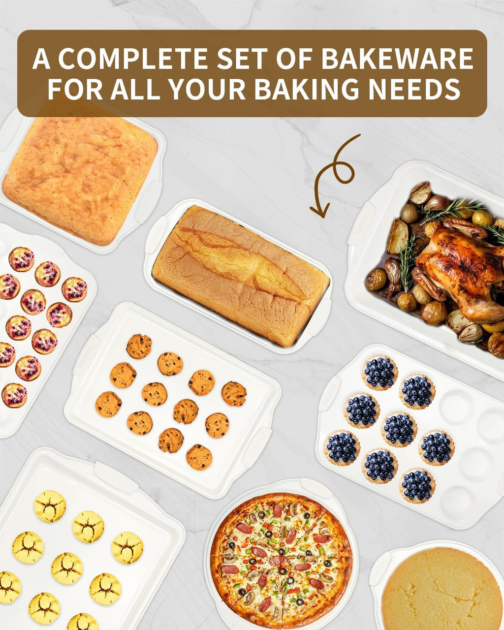 Skiennix Baking Pans Set - 34 PCS Nonstick Bakeware with Silicone Handles | Includes Cake, Cookie, Muffin, and Pizza Pans