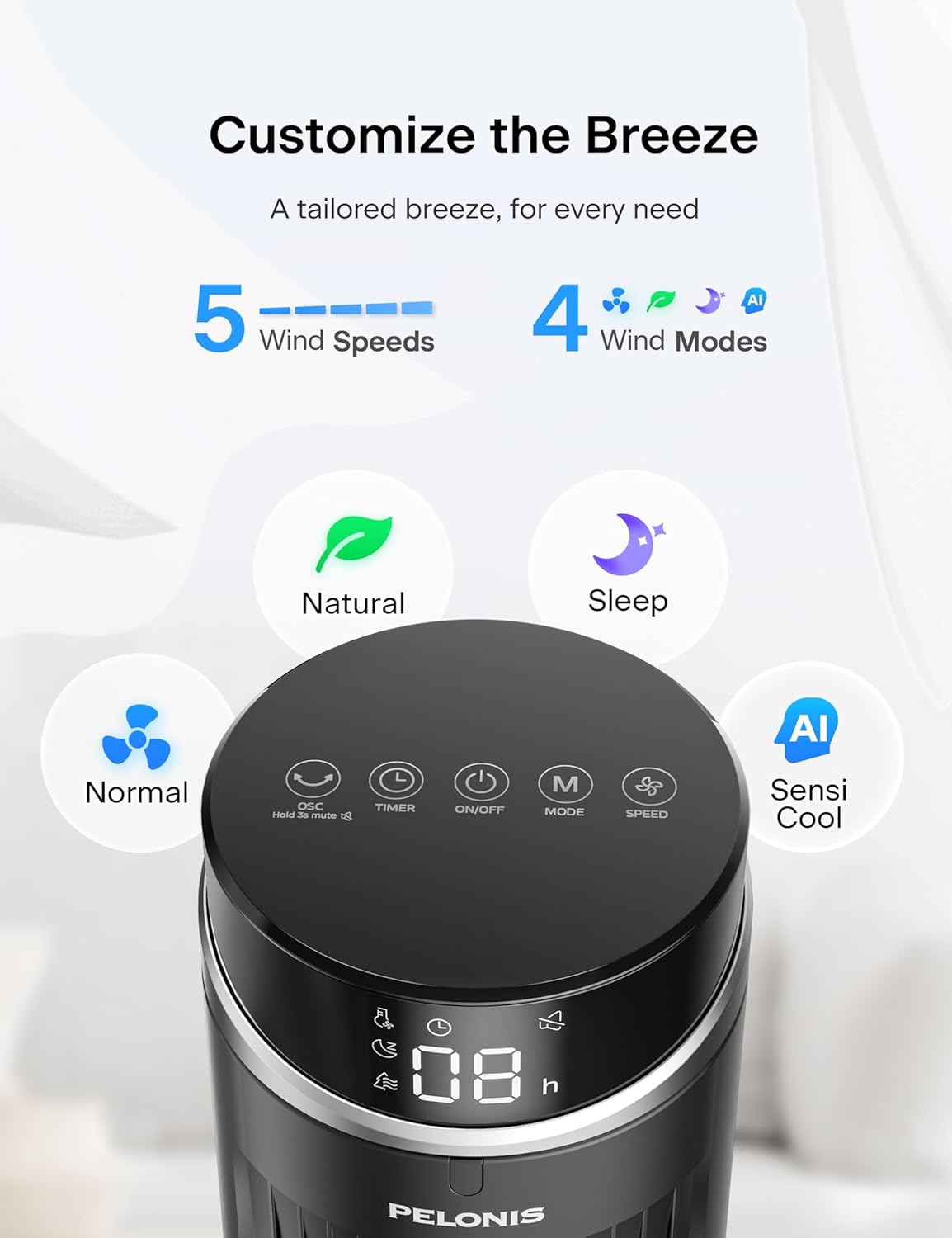 Pelonis 42-Inch Tower Fan - Quiet 90° Oscillation, 5 Speeds, Remote Control & Eco Mode | 12H Timer, LED Display