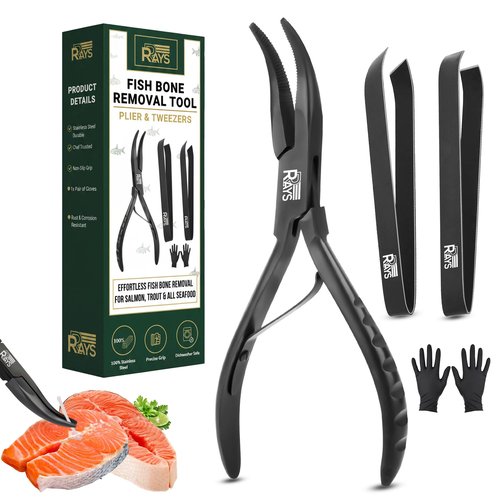 Fish Bone Pliers/Tweezers – Serrated Jaw Plier + Flat & Slant Tweezers | Stainless Steel Pin Bone Remover & Deboning Tools for Salmon, Trout & All Seafood