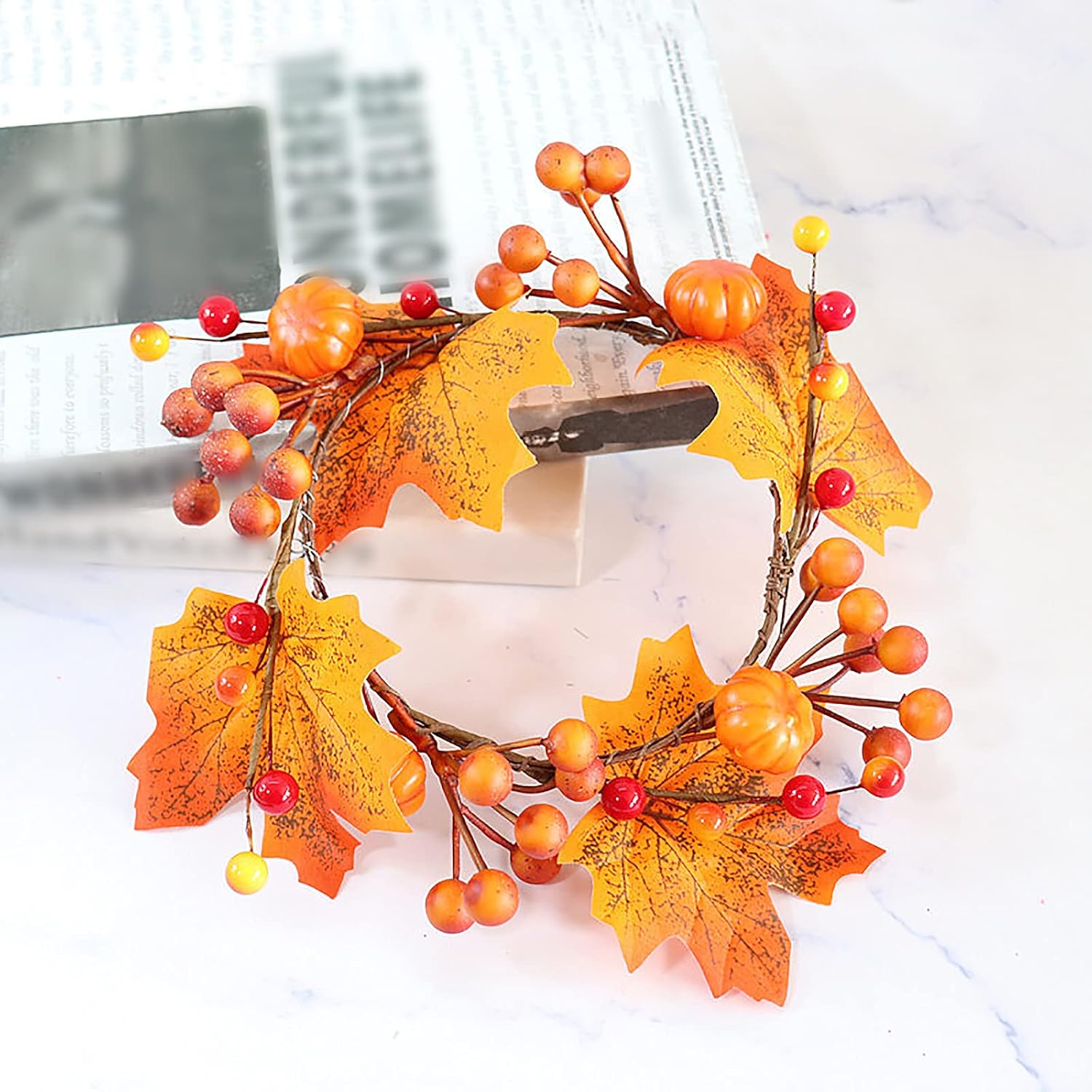 Regine Switzerland 6Pcs Fall Candle Ring Wreaths - 4.7 Inch Pumpkin Maple Leaf & Berries Decor | Perfect for Weddings & Halloween