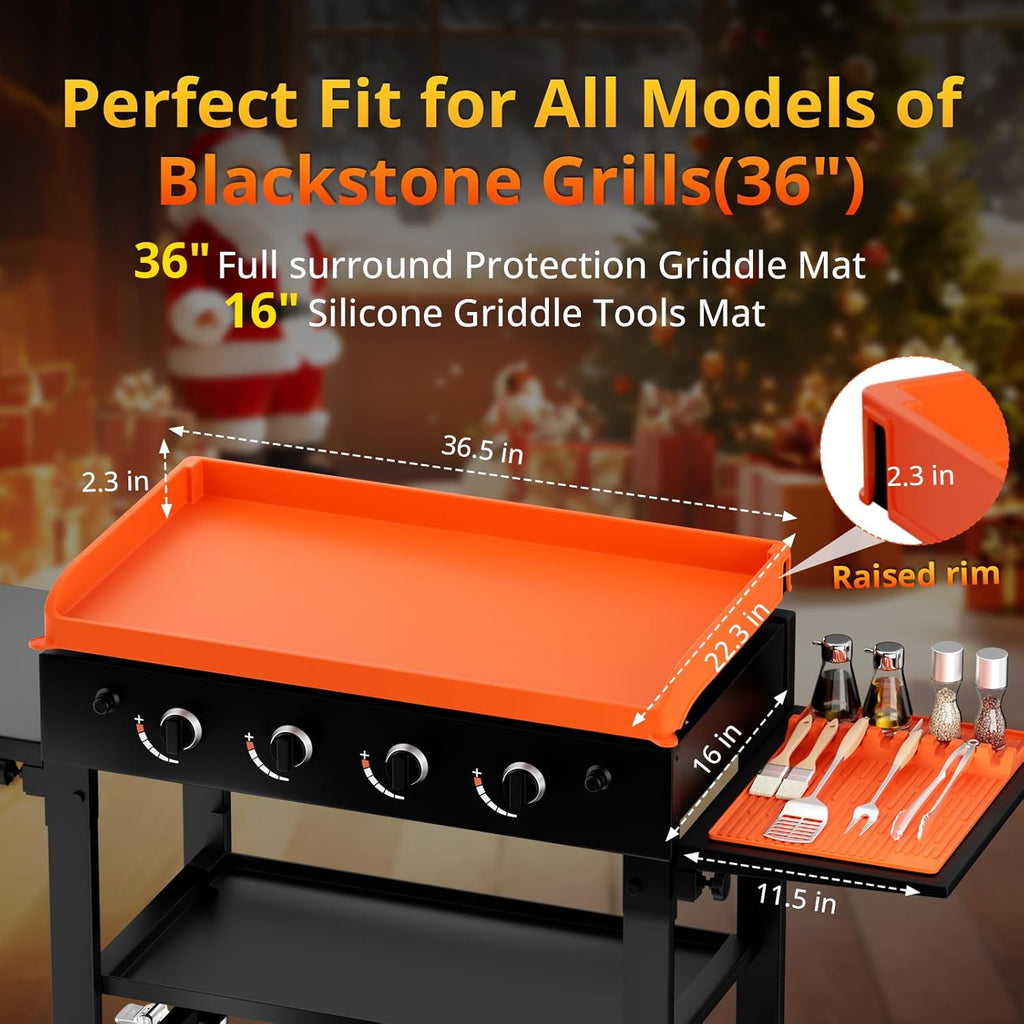 Blackstone Silicone Griddle Cover - 36" Premium Food-Grade BBQ Mat with 16" Spatula & Drip Pad
