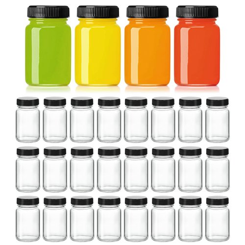 KEYWING 28 Pack 2oz Glass Shot Bottles with lids - Small Clear Jars for Ginger, Wellness Shots, Juice, Whiskey - Travel mini Reusable Wide Mouth bottles- Leakproof, Dishwasher Safe