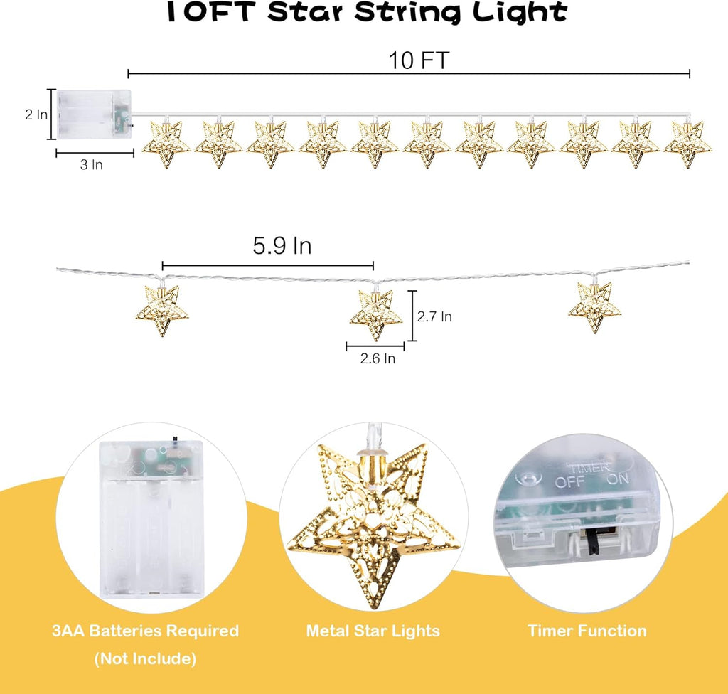 Vigdur 10Ft Star String Lights - 20 LED Battery Operated Fairy Lights with Timer | Perfect for Ramadan & Eid Decor