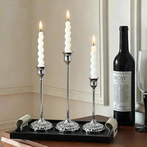 BEAHOT Silver Candle Holders - Set of 6 Elegant Non-Slip Holders with Matching Snuffer for Home Decor