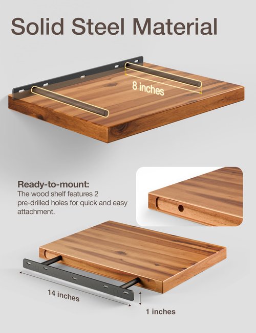 BATODA 16” x 12” Acacia Deep Floating Shelves, Large Extra Wooden Floating Shelves for Wall - Floating Book Shelves, Floating Shelf for Bedroom, Bathroom - Wall Decor Living Room (Hardware Included)