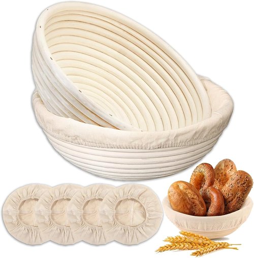 Banneton Bread Proofing Basket Set - 9-Inch Round Natural Rattan with 4 Linen Liners | Perfect for Sourdough Baking