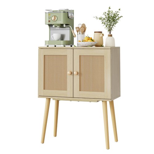 Sideboard Buffet Kitchen Storage Cabinet , Small Coffee Bar Cabinet with Rattan Doors and Tall Solid Wood Legs, Boho Accent Media Console Credenza Cabinet for Entryway,Living Room,Kitchen, Small Space
