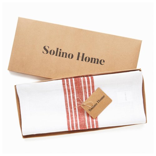 Solino Home Stripe Linen Table Runner 156 Inches Long - 100% Pure Linen Red and White Farmhouse Table Runner 14 x 156 Inch for Dining, Mothers Day