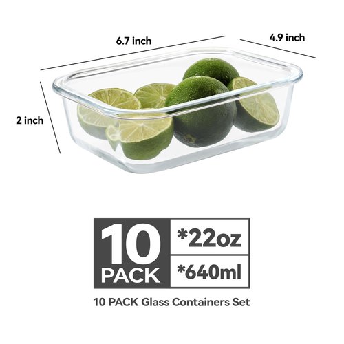 BAYZZ 10 Pack 22 oz Glass Meal Prep Containers, Glass Food Storage Containers with Airtight Lids, BPA-Free, Freezer and Microwave Safe