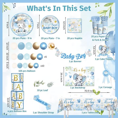 cocomigo 260PCS Elephant Baby Shower Decorations, All-in-1 Party Pack, Includes 20 Elephant Theme Tableware, Backdrop Tablecloth Balloon Kit for Baby Shower Decorations Boy