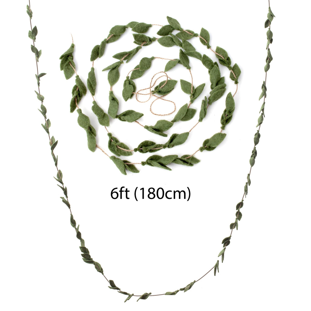 Glaciart One Felt Leaves Garland (2Pcs) - Faux Greenery for Living Room, Bedroom - Natural New Zealand Wool, Hand Felted in Nepal - Suitable for Christmas, Thanksgiving, Wedding Decorations - 6ft.