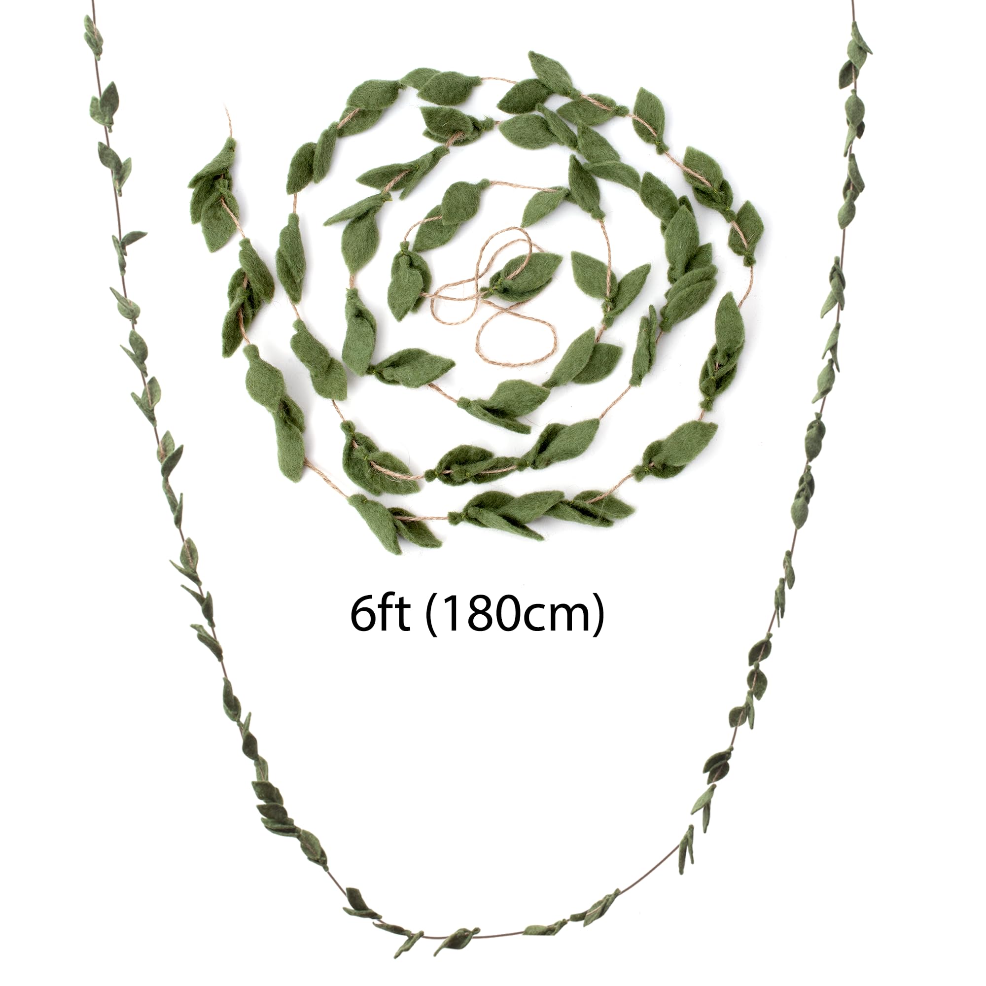 Glaciart One Felt Leaves Garland (2Pcs) - Faux Greenery for Living Room, Bedroom - Natural New Zealand Wool, Hand Felted in Nepal - Suitable for Christmas, Thanksgiving, Wedding Decorations - 6ft.