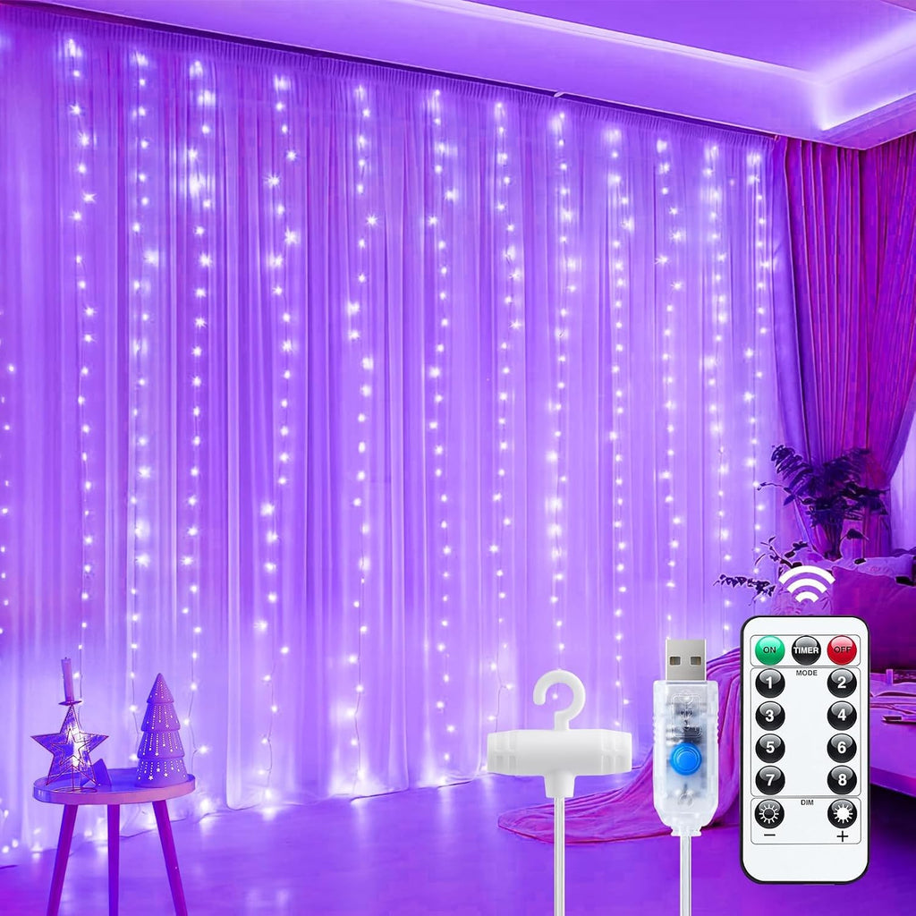 Minetom 300 LED Purple Halloween Curtain Lights - Dimmable Fairy Lights with Remote & Timer | USB Powered, 8 Modes for Indoor Decor