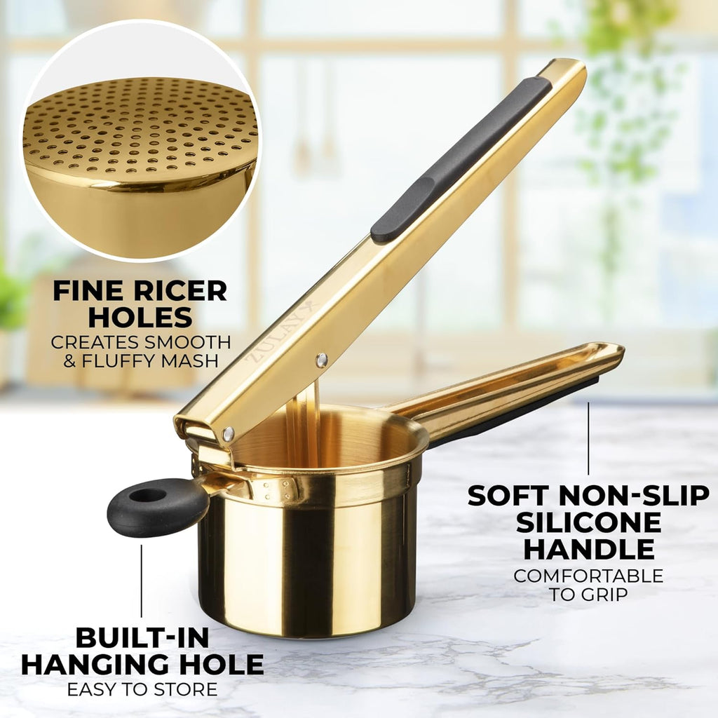 Zulay Kitchen 15oz Potato Ricer - Heavy Duty Stainless Steel Masher for Perfect Mashed Potatoes | Gold/Black