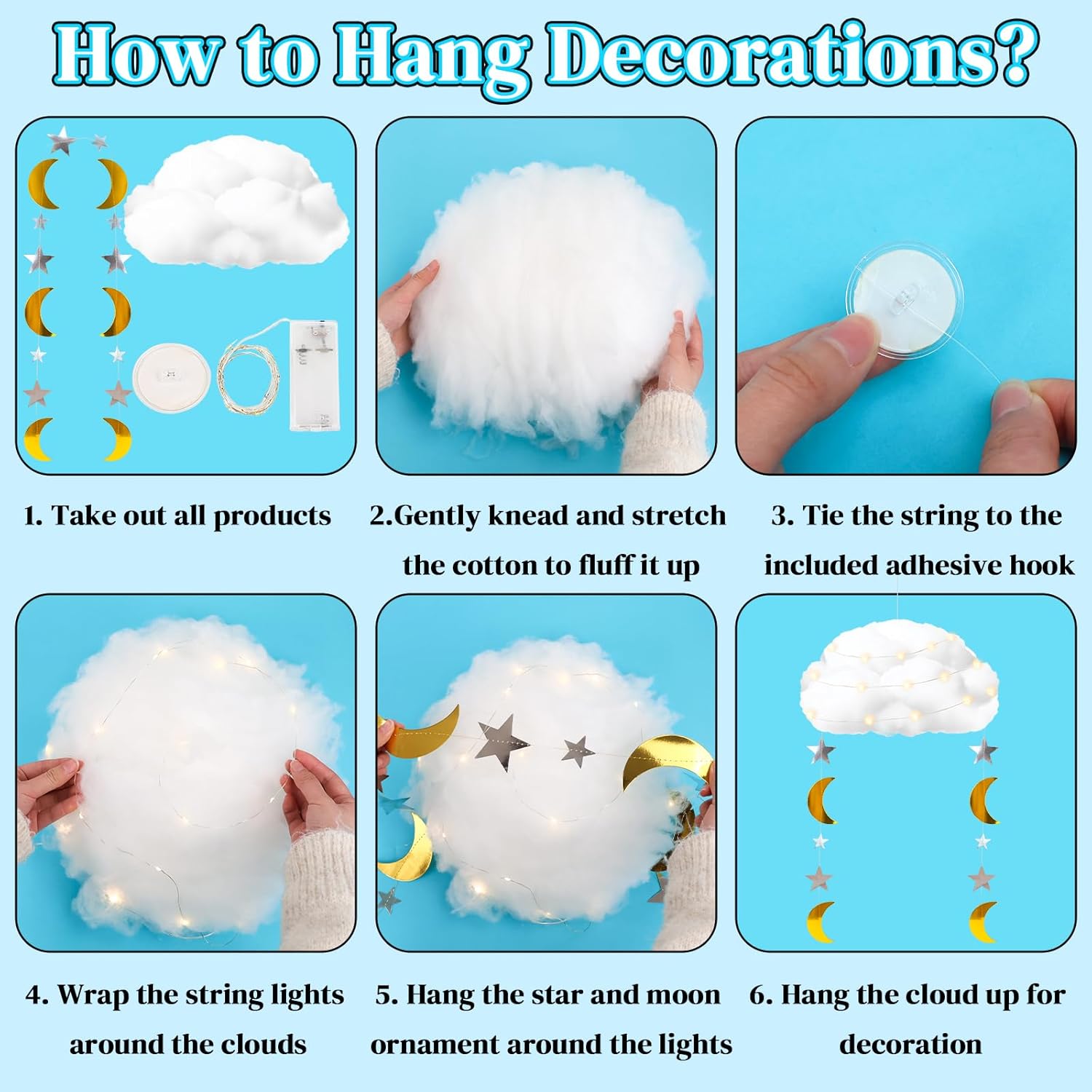 Skiennix 3D Fluffy Cloud LED Light Kit - Hanging & Table Centerpiece Decor for Baby Showers, Nurseries & Parties