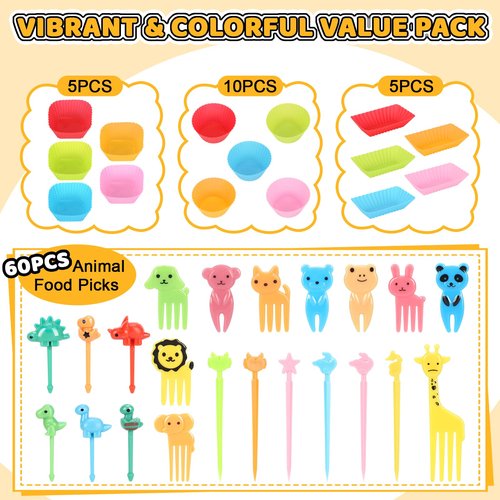 Axlksia 80 Pcs Silicone Lunch Box Dividers Set, Reusable Cupcake Liners for Baking, Colorful Lunch Bento Box Accessories with Cute Animal Food Picks (20 Cupcake Liners + 60 Animal Picks)
