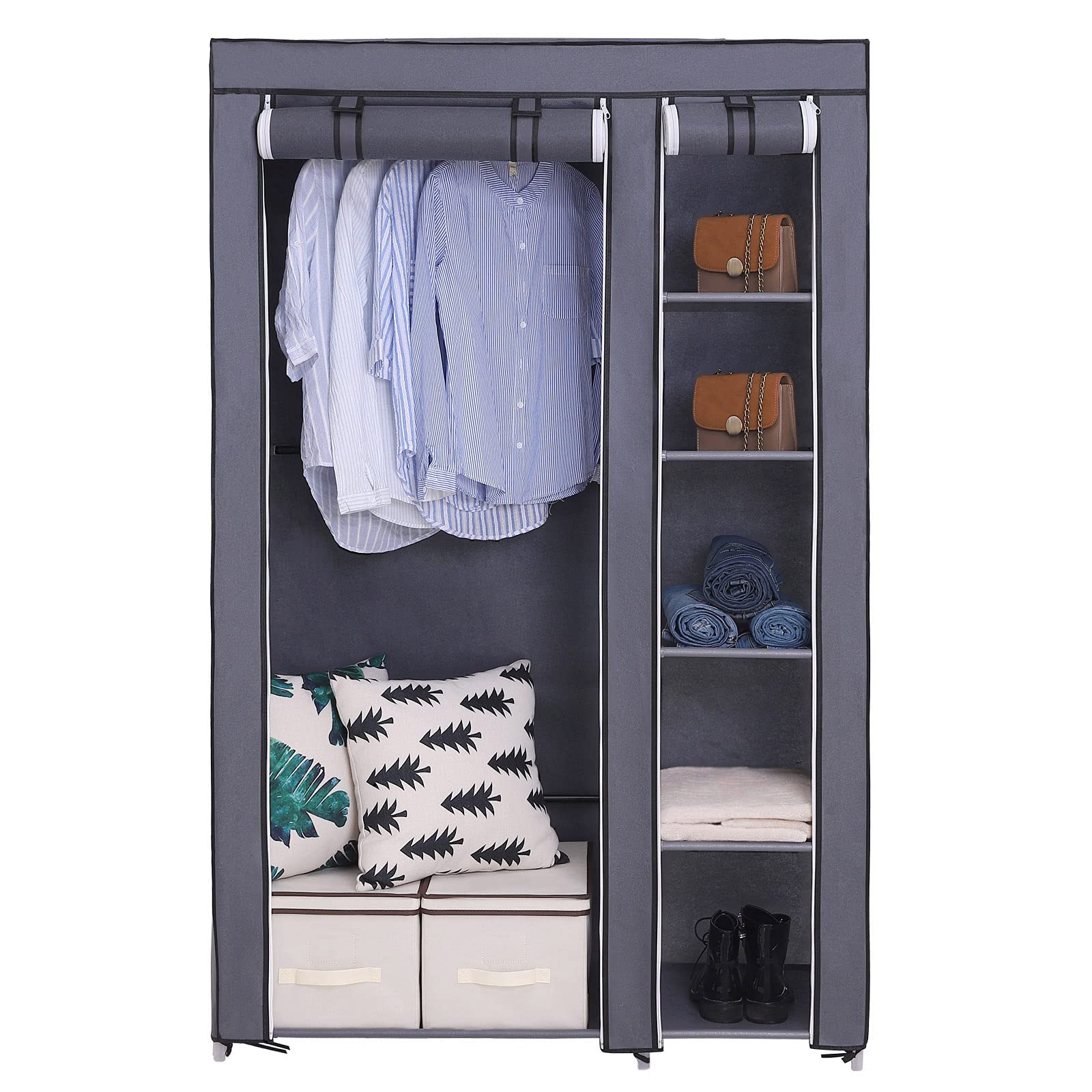 SONGMICS 43 Inch Portable Clothes Closet Wardrobe with Non-Woven Fabric and Hanging Rod Quick and Easy to Assemble Gray ULSF007G