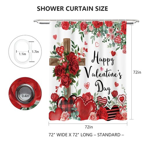 MEHOFOND Happy Valentine's Shower Curtain,Religious Cross Red Roses Heart Shower Curtain for Valentine's Day Bathroom Decor,Valentines Romantic Sweetheart Holiday Bathroom Fabric Curtains 72x72 in