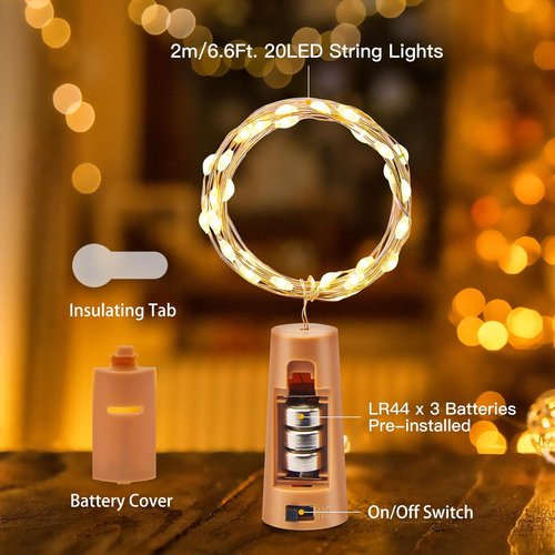 Brightown Wine Bottle Lights - 10 Pack 20 LED Waterproof Cork Lights | Silver Wire Fairy Lights for DIY Party Décor