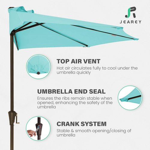 JEAREY 9ft Half Patio Umbrella - Crank-Operated, UV Protection, 1/2 Round Design for Pool & Garden - Teal Blue
