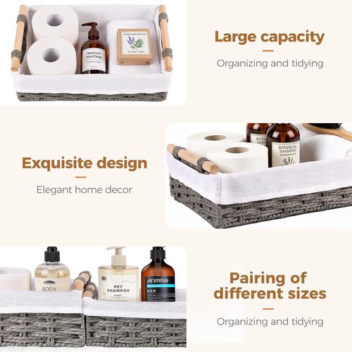 HomeHacks Storage Baskets - 2 Pack Decorative Paper Rope Bins with Handles for Organizing - Grey