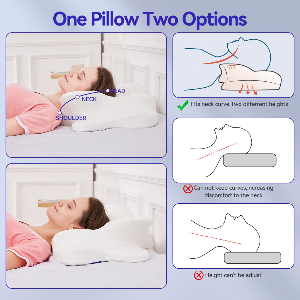 Deason Cervical Neck Pillow for Sleeping, Ergonomic Memory Foam Pillow for Neck Pain Relief, Adjustable Height Bed Pillow for Side & Back Sleepers, Ice Silk Breathable Cover, White