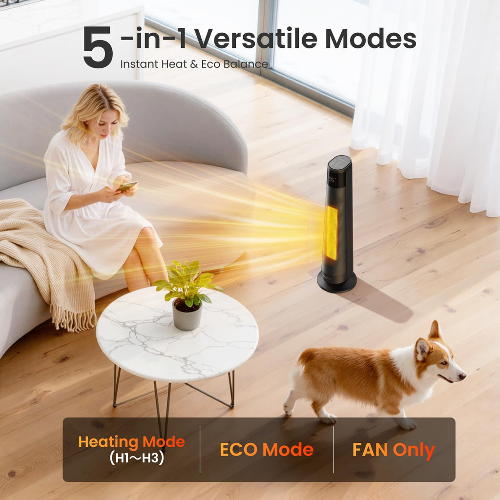 FLANUR 1500W Space Heaters for Indoor Use Large Room, WIFI Electric Heater with Voice Control, 5 Modes, ECO Thermostat, 12H Timer, Quiet & Safety PTC Ceramic Heater for Bedroom, Black, 1 Pack