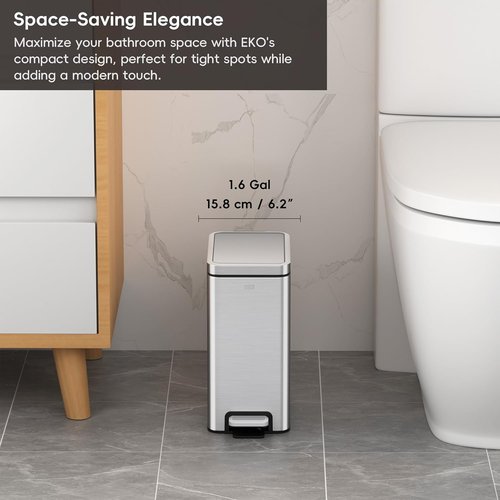 EKO Small Bathroom Trash Can - Soft Close Lid & Step Pedal | 6L Stainless Steel, Anti-Fingerprint Finish