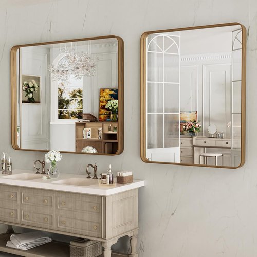 LOAAO Bathroom Mirror - 40x32 Inch Rounded Rectangle with Wood Grain Metal Frame | Anti-Rust, Versatile Hanging Options